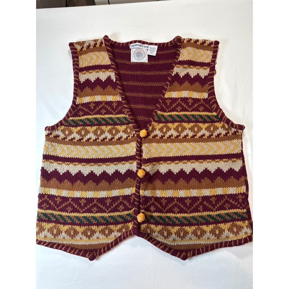 Cape Isle Knitters Vintage Fair Isle Sweater Vest Burgundy Ramie Cotton XL